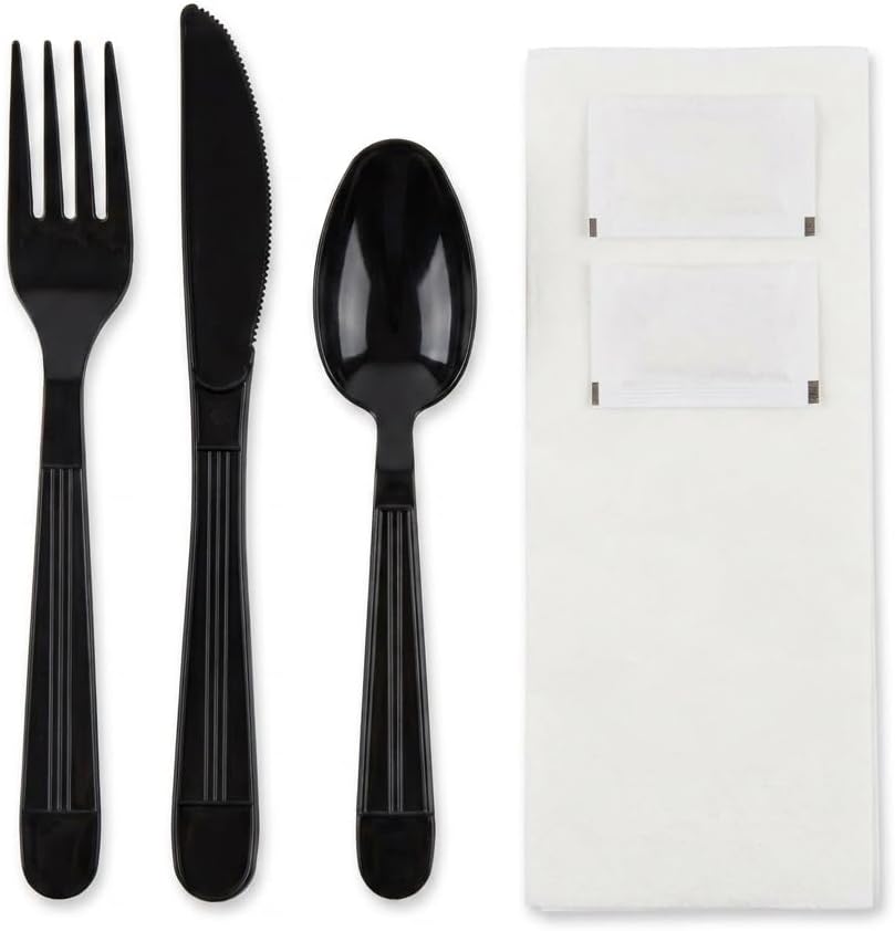 TLAPS 6-Piece Disposable Meal Kit – 250 Count Heavy Weight Black Plastic Cutlery Set with Napkin, Salt & Pepper