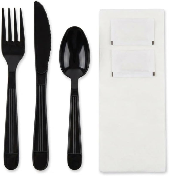 TLAPS 6-Piece Disposable Meal Kit – 250 Count Heavy Weight Black Plastic Cutlery Set with Napkin, Salt & Pepper