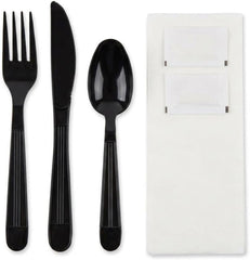 TLAPS 6-Piece Disposable Meal Kit – 250 Count Heavy Weight Black Plastic Cutlery Set with Napkin, Salt & Pepper
