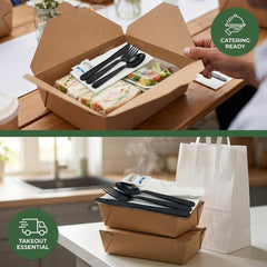 TLAPS 6-Piece Disposable Meal Kit – 250 Count Heavy Weight Black Plastic Cutlery Set with Napkin, Salt & Pepper