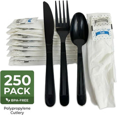 TLAPS 6-Piece Disposable Meal Kit – 250 Count Heavy Weight Black Plastic Cutlery Set with Napkin, Salt & Pepper