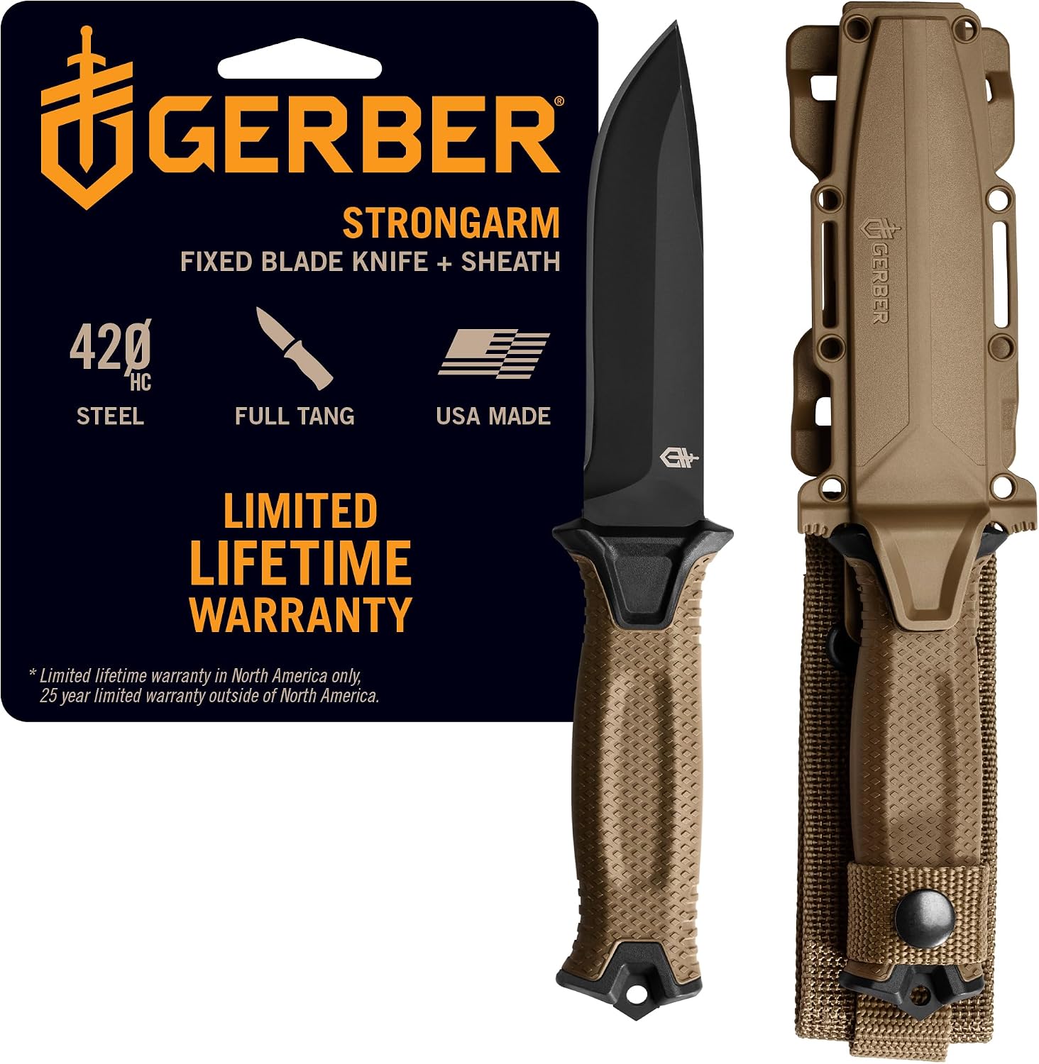 Gerber Gear StrongArm Fixed Blade Tactical Survival Knife – Full Tang 420HC Steel Blade, Plain Edge, Coyote Brown