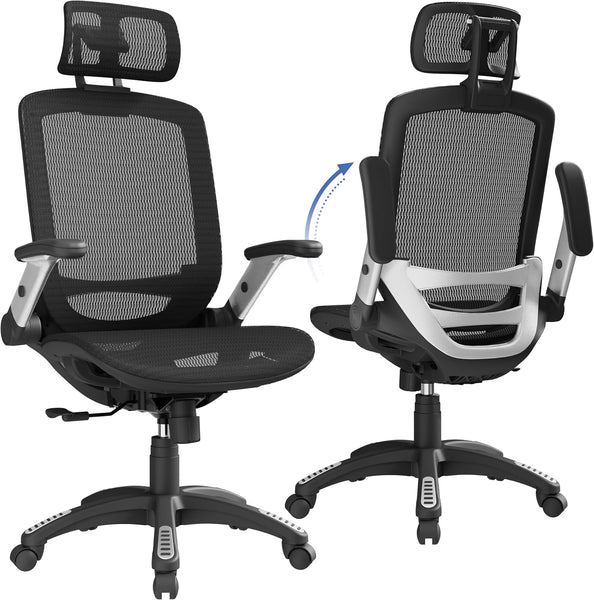 GABRYLLY Ergonomic Office Chair with Headrest, Flip-Up Arms & Wide Mesh Cushion – Black