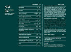 AG1 Greens Powder Supplement Nutrition Facts showing vitamins, probiotics, and superfood blend ingredients for daily health support.