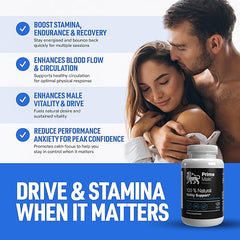 Advertisement for a supplement with a couple embracing, highlighting its benefits on stamina, endurance, and recovery.