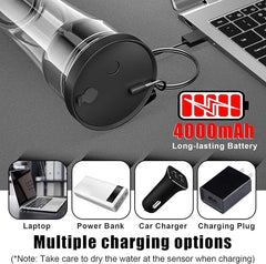 Black cylindrical device with 4000mAh battery capacity, shown charging a laptop with additional charging options displayed below.
