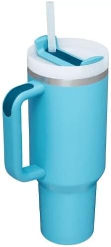 Blue tumbler with handle and straw lid on a white background
