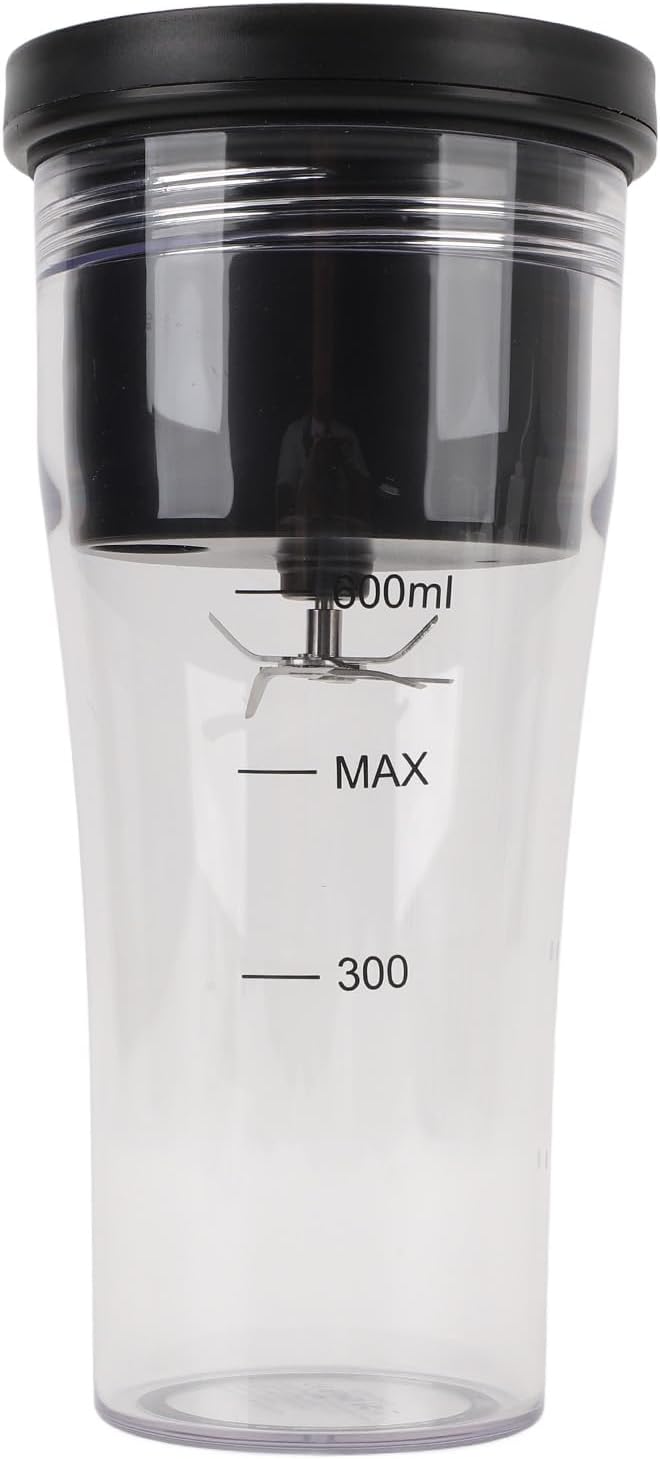 Clear tumbler with black lid and measurement markings on a white background