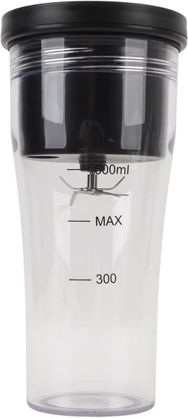 Clear tumbler with black lid and measurement markings on a white background