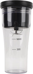 Clear tumbler with black lid and measurement markings on a white background