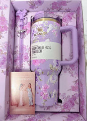 Floral-patterned tumbler in a decorative box with a card inside.