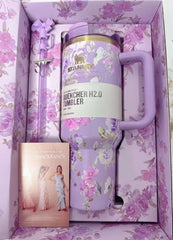 Floral-patterned tumbler in a decorative box with a card inside.