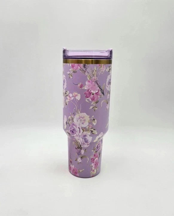 Floral-patterned tumbler on a white background