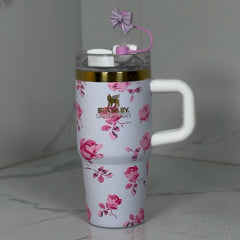 Floral-patterned tumbler with Stanley logo on a neutral background