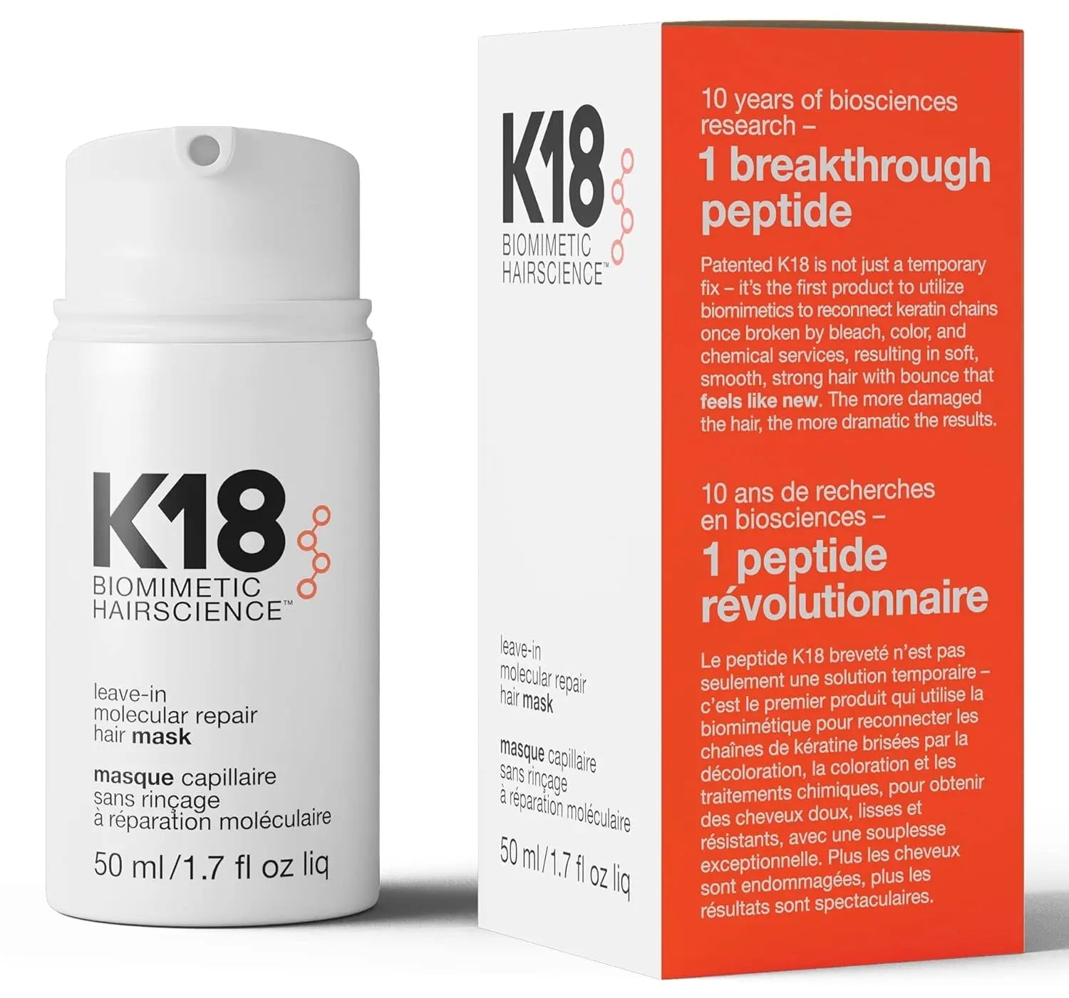 Front view of K18 Leave-In Molecular Repair Hair Mask 50ml bottle and retail packaging.