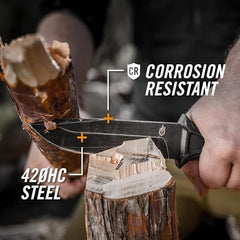 Knife cutting through wood with 'Corrosion Resistant' and '420HC Steel' text overlay.