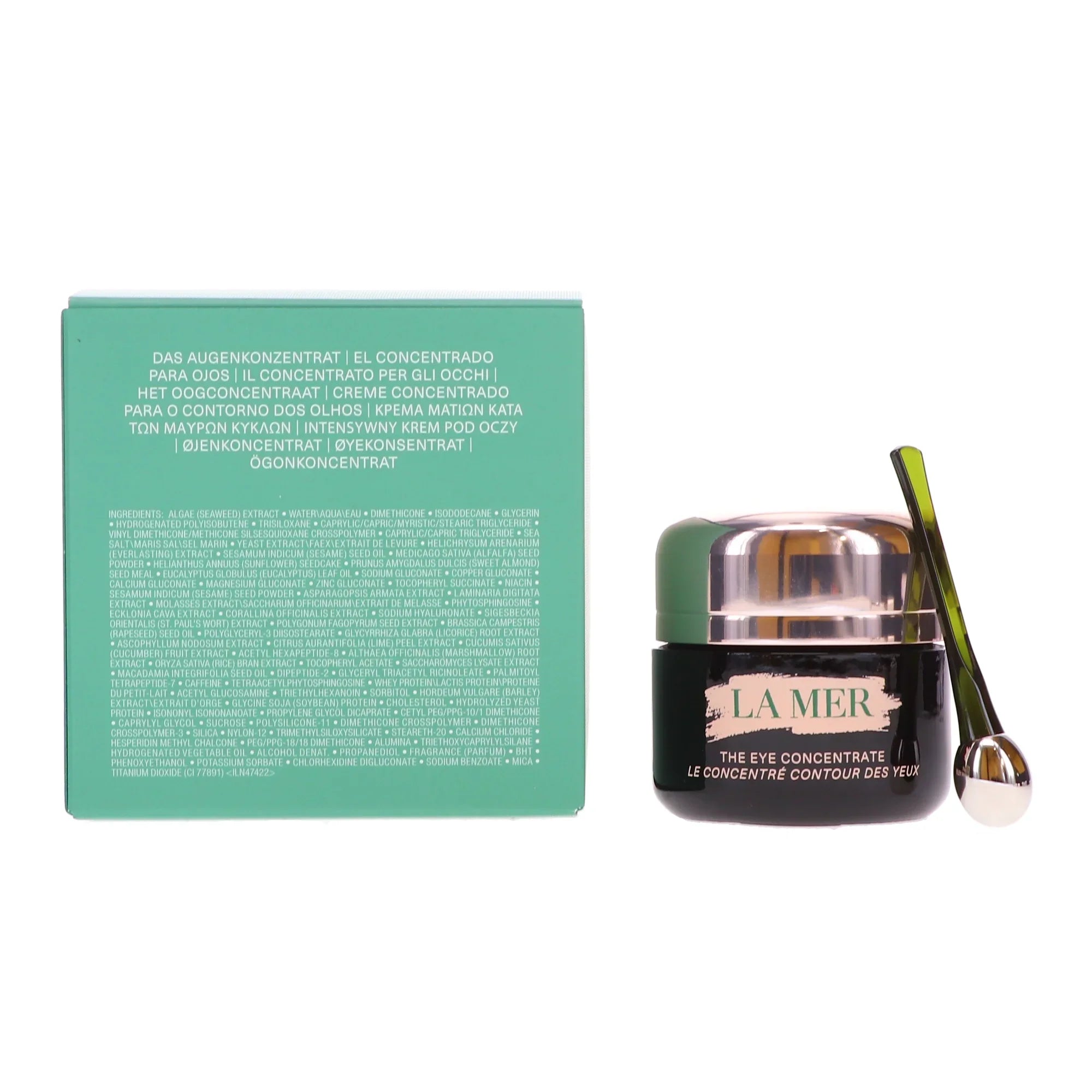 La Mer The Eye Concentrate Eye Treatment 0.5 fl oz jar and packaging with applicator.
