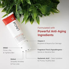 LifeCell All-In-One Anti-Aging Cream ingredients with Vitamin C, DMAE, Retinol, Hyaluronic Acid, and hypoallergenic formula.