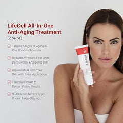 LifeCell All-In-One Anti-Aging Cream showing benefits like wrinkle reduction and firming skin.