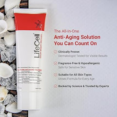 LifeCell All-In-One Anti-Aging Cream tube with claims of clinical proof, safe for sensitive skin, and trusted by experts.