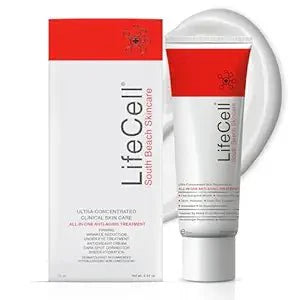 LifeCell All-In-One Anti-Aging Cream 2.54 oz packaging with product tube and cream texture.