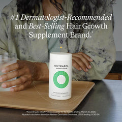 NUTRAFOL hair growth supplement bottle on a table with text about dermatologist recommendation.