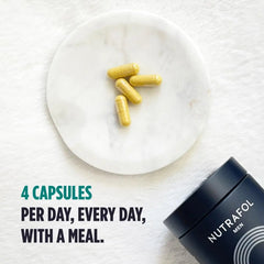 Four Nutrafol capsules shown for recommended men's daily hair growth routine.