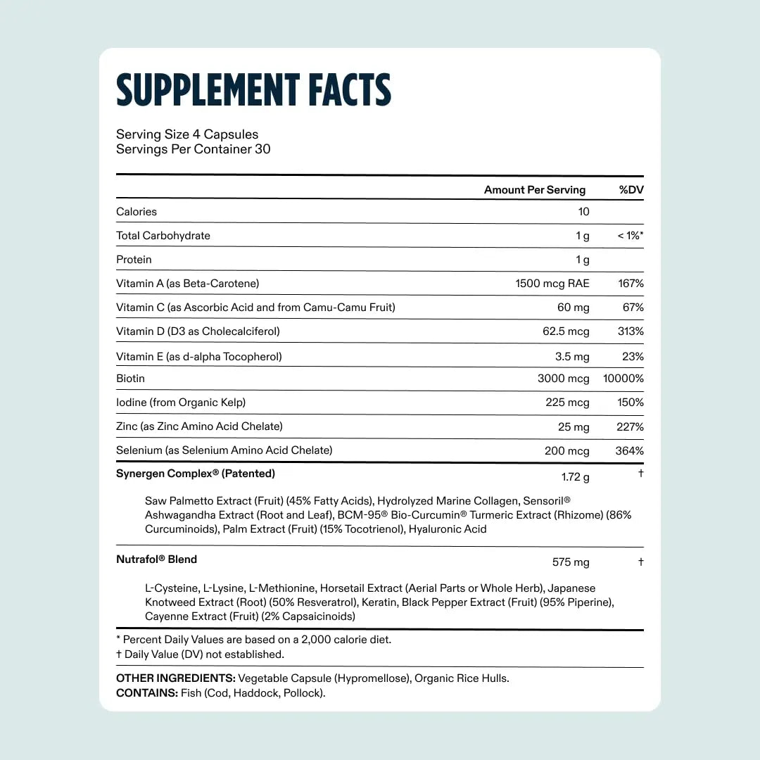 Detailed supplement facts panel showing ingredients for Nutrafol for men scalp health.