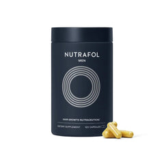 Bottle of Nutrafol men's hair growth supplement for stronger, fuller hair growth support. Black color.