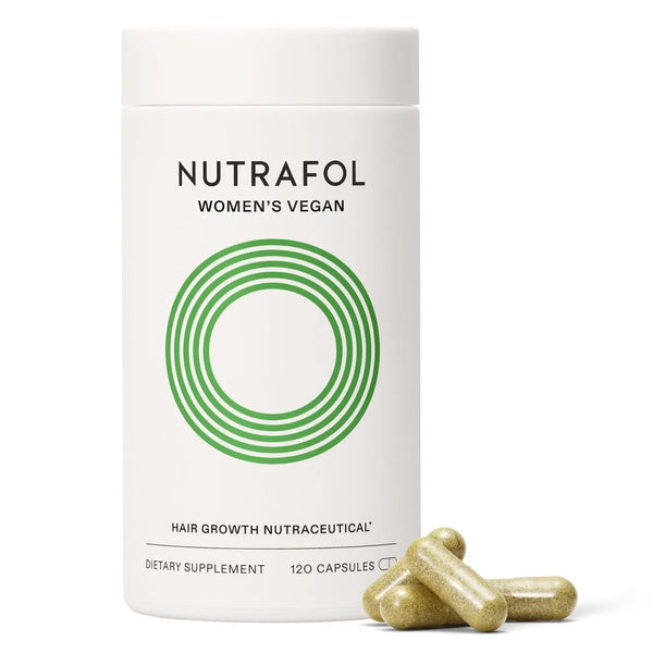 Nutrafol women's vegan hair growth supplement packaging with capsules on a white background