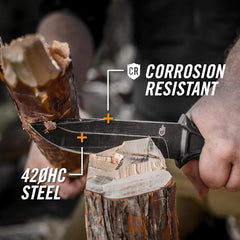 Person cutting a log with a knife labeled 'Corrosion Resistant' and '420HC Steel'.
