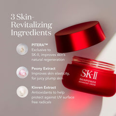 SK-II Skinpower Advanced Cream with ingredients listed on a gray background