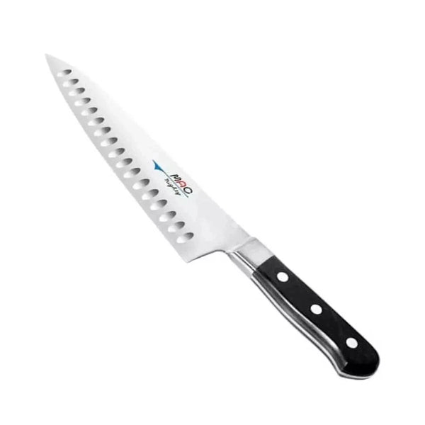 Serrated knife with a black handle on a white background