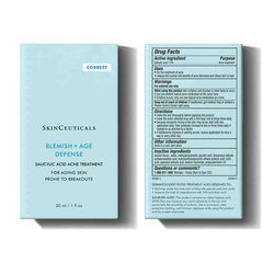 SkinCeuticals Blemish + Age Defense packaging with drug facts label on a white background
