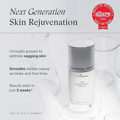 SkinMedica TNS Advanced Serum with product details and Allure award on a light background