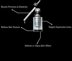Skinceuticals serum bottle with dropper on a black background, highlighting product features.