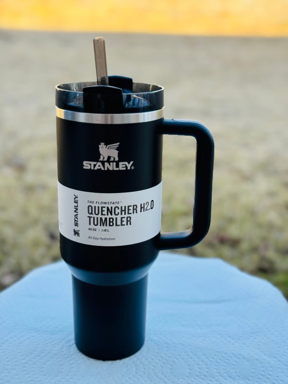 Stanley Quencher H2.0 tumbler with straw on a blue surface outdoors
