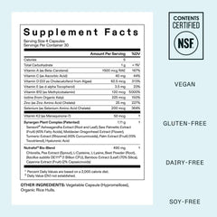 Supplement label with certification logos on a light blue background