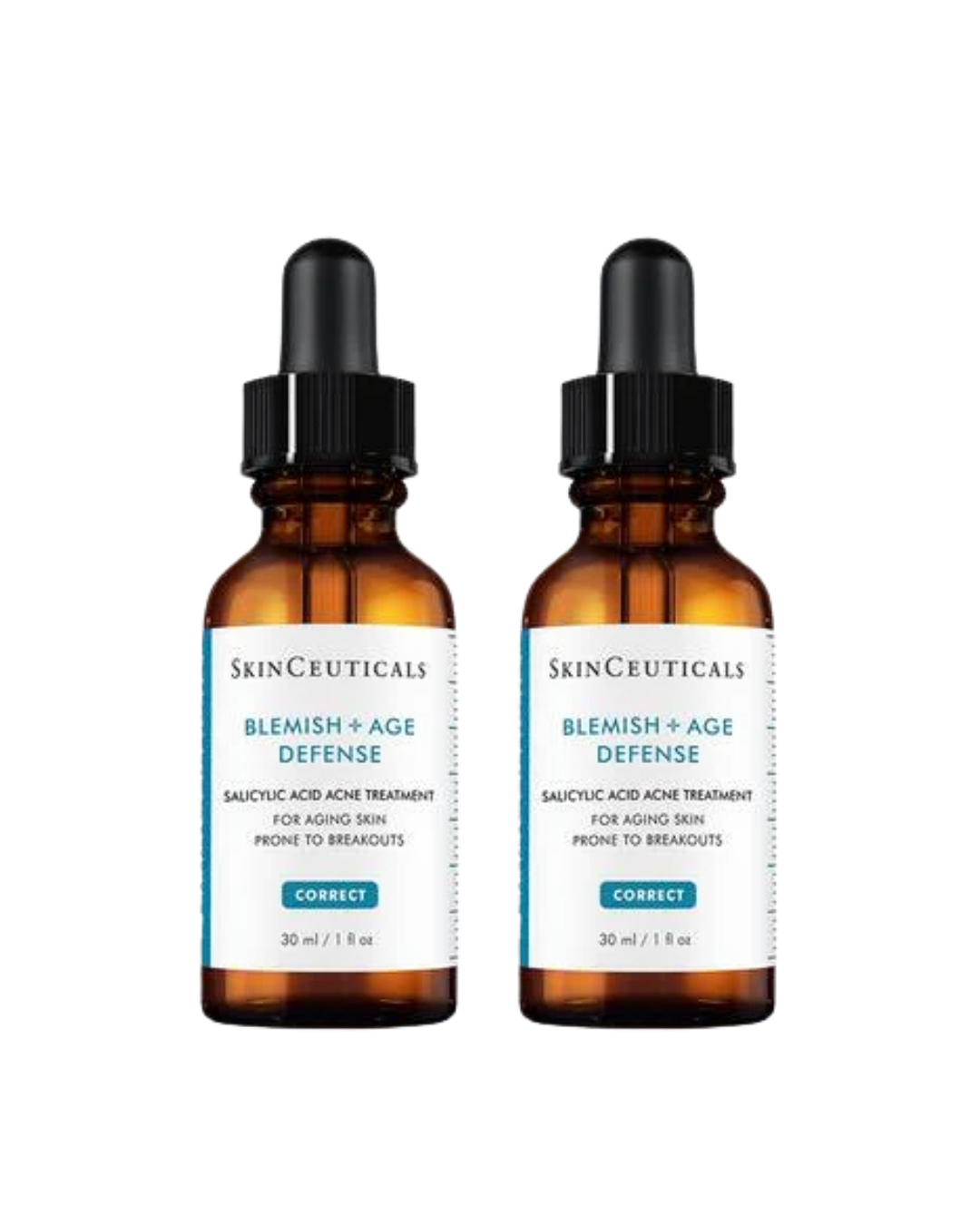 Two bottles of SkinCeuticals Blemish + Age Defense serum on a white background