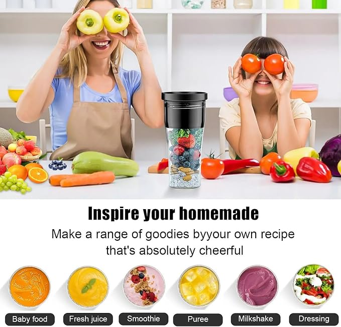 Two people holding fruits over their eyes with a blender filled with ingredients, surrounded by fresh produce in a kitchen setting.