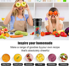 Two people holding fruits over their eyes with a blender filled with ingredients, surrounded by fresh produce in a kitchen setting.