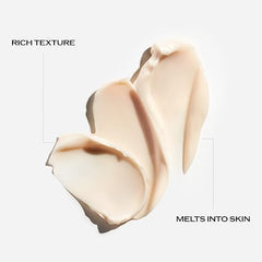 Two swatches of cream with text 'Rich Texture' and 'Melts into Skin' on a light gray background