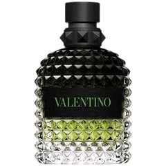 Valentino perfume bottle with black and green design on a white background