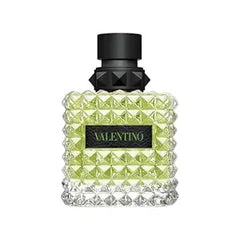 Valentino perfume bottle with green diamond-patterned design on a white background