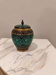 Handcrafted Artisan Decorative Ceramic Vase with Removable Lid - Exquisite Blue & Gold Floral Pattern - Bohemian Style Lidded Jar for Living Room, Shelf, or Mantel Decor