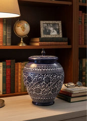 Hand-Painted Ceramic Ginger Jar with Lid – Decorative Black & White Storage Jar, Traditional Art Design for Home Décor, Living Room, Kitchen or Shelf Display