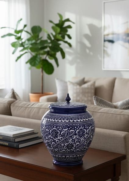 Hand-Painted Ceramic Ginger Jar with Lid – Decorative Black & White Storage Jar, Traditional Art Design for Home Décor, Living Room, Kitchen or Shelf Display