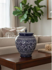 Hand-Painted Ceramic Ginger Jar with Lid – Decorative Black & White Storage Jar, Traditional Art Design for Home Décor, Living Room, Kitchen or Shelf Display