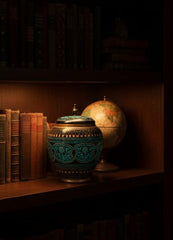 Handcrafted Artisan Decorative Ceramic Vase with Removable Lid - Exquisite Blue & Gold Floral Pattern - Bohemian Style Lidded Jar for Living Room, Shelf, or Mantel Decor