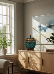 Handcrafted Artisan Decorative Ceramic Vase with Removable Lid - Exquisite Blue & Gold Floral Pattern - Bohemian Style Lidded Jar for Living Room, Shelf, or Mantel Decor